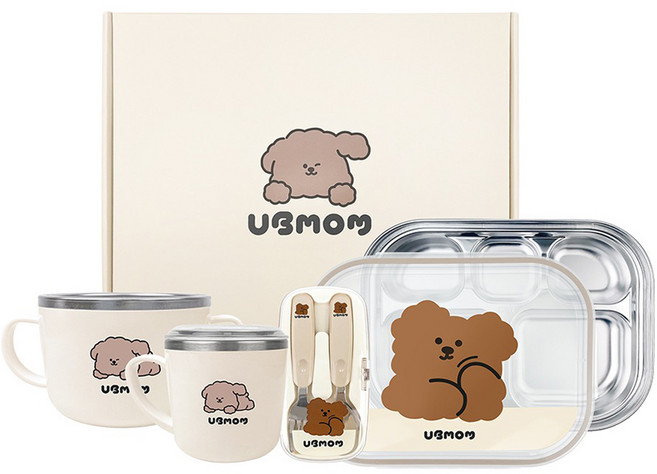 유비맘 유아용 초코몽이 스테인리스 식기 4종 세트, 초코(식판), 초코(스푼포크), 베이지(컵), 베이지(면기), 식판 + 스푼포크 + 컵 + 면기, 1세트