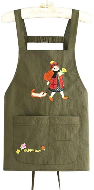 바른리빙 해피데이 자수 주방 카페 바리스타 앞치마, 카키, 1개