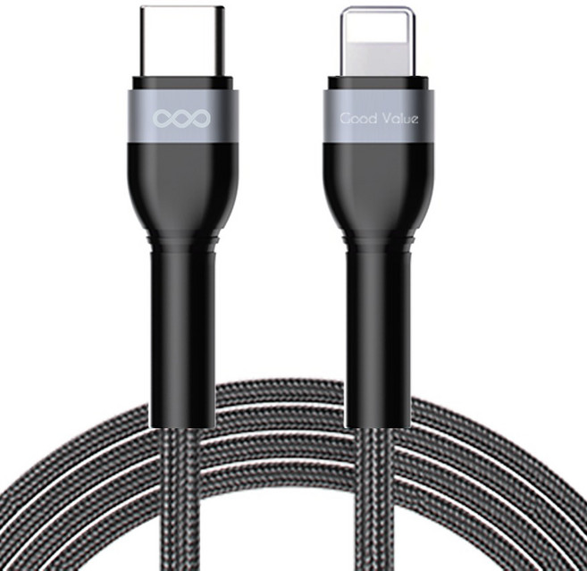 굿밸류 C타입-애플8핀 에어로 PD 고속충전 케이블, 블랙, 1개, 2m