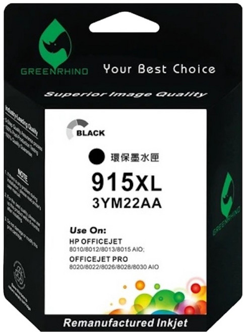 GREENRHINO 綠犀牛 相容HP 915XL 3YM22AA 高容量環保墨水匣 OfficeJet Pro 8020/8025適用, 1個, 黑色