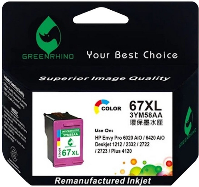 GREENRHINO 綠犀牛 相容HP 67XL 3YM58AA 高容量環保墨水匣 Deskjet/DJ 1212/2332/2722/2723適用, 1個, 彩色