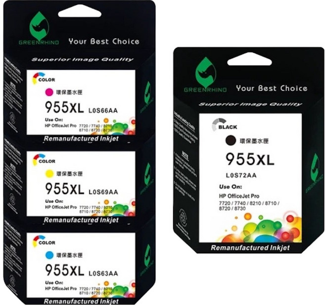GREENRHINO 綠犀牛 相容HP 955XL L0S72AA/L0S63AA/L0S66AA/L0S69AA 環保墨水匣 OJP-7720適用, 1套, 黑色 + 紅色 + 黃色 + 藍色