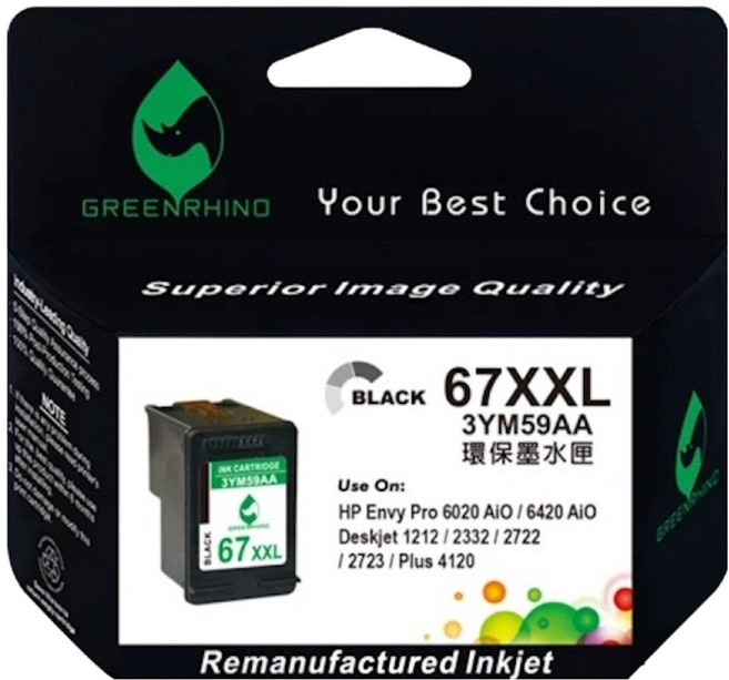 GREENRHINO 綠犀牛 相容HP 67XXL/67XL 3YM59AA 超高容量環保墨水匣 Deskjet/DJ 1212/2332/2722/2723適用, 1個, 黑色