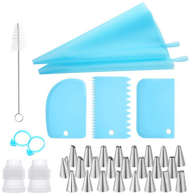 AHOYE 專業蛋糕烘焙裝飾擠花袋花嘴33件組, 藍色, 1套