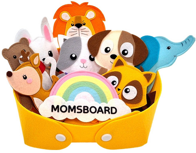 맘스보드 아동용 레인보우 동물 펠트 자석 9피스 + 꼬망 펠트 바구니 캔디옐로우 세트, 1세트