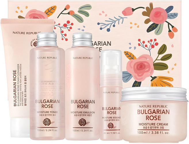 NATURE REPUBLIC 保加利亞玫瑰保養特別組 化妝水 155ml + 乳液 155ml + 精華 35ml + 面霜 100ml + 泡沫洗面乳 120ml, 1組