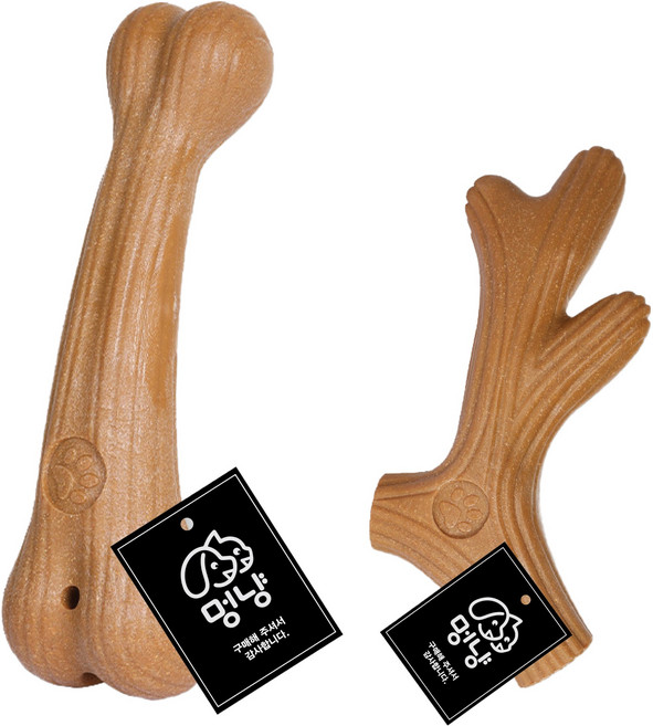 멍냥 반려동물 프리미엄 우드스틱 장난감 사슴뿔 모양 + 뼈다귀 모양 세트, 나무색, 1세트