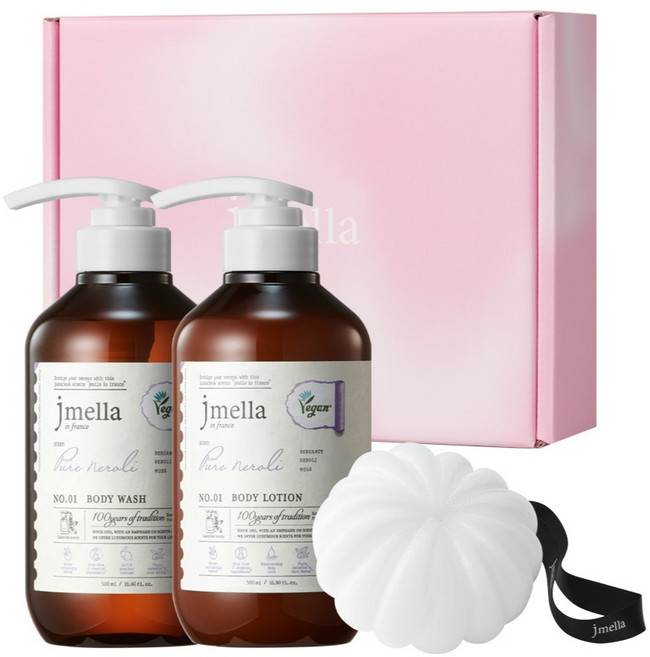 제이멜라 인 프랑스 퓨어 네롤리 비건 바디워시 500ml + 바디로션 500ml + 샤워볼 선물세트, 1세트