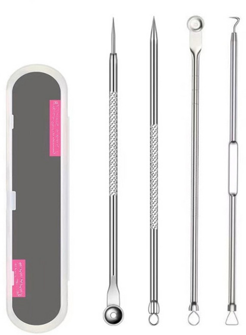 不鏽鋼雙頭痘痘/粉刺清除棒4件組, 不鏽鋼色, 1組