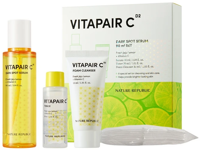 네이처리퍼블릭 비타페어C 잡티 세럼 90ml + 토너 30ml + 폼 클렌저 30ml + 화장솜 10p 세트, 1세트 - 쿠팡