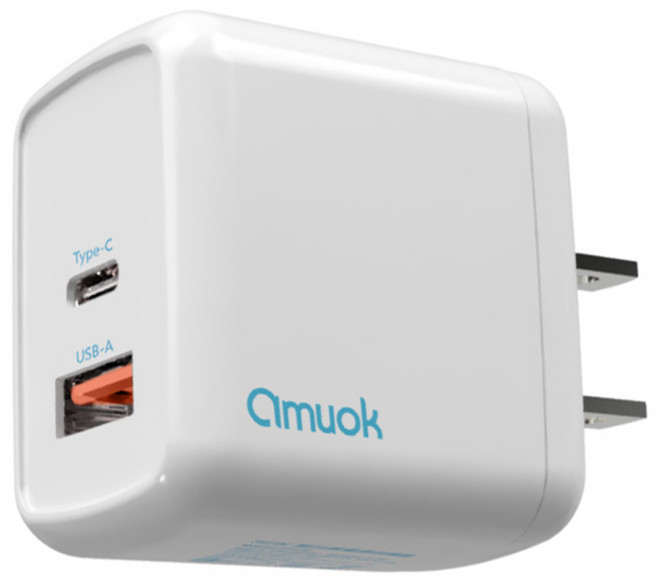 amuok 艾默克 GaN氮化鎵雙孔快充電源供應器 36W, 1個, 白色