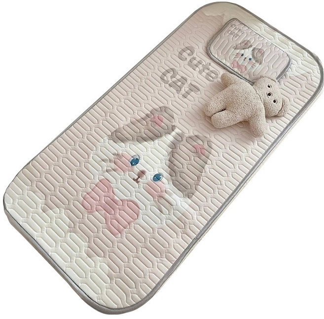 Bebehome 兒童涼感床墊 乳膠涼蓆 附枕頭, 涼墊 + 涼枕套裝, 小貓 米白色