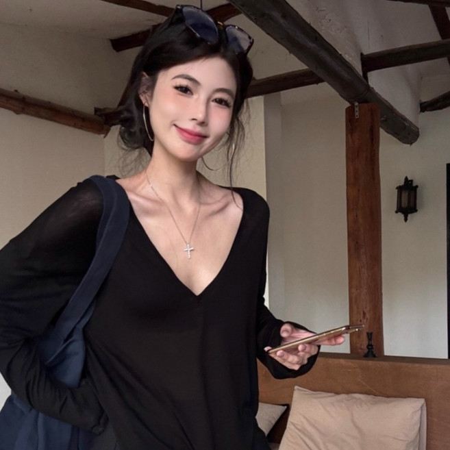 피어니스트 여성용 딥브이 시스루 커버 레이어드 티셔츠