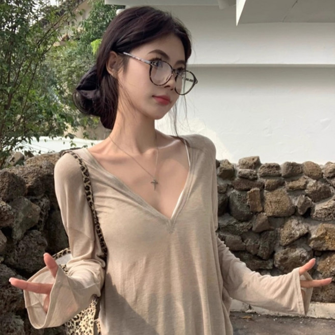 피어니스트 여성용 딥브이 시스루 커버 레이어드 티셔츠