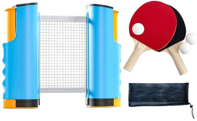 마샤투 휴대용 실내 탁구 라켓 2p + 네트 + 공 3p + 파우치 세트 블루, 1세트