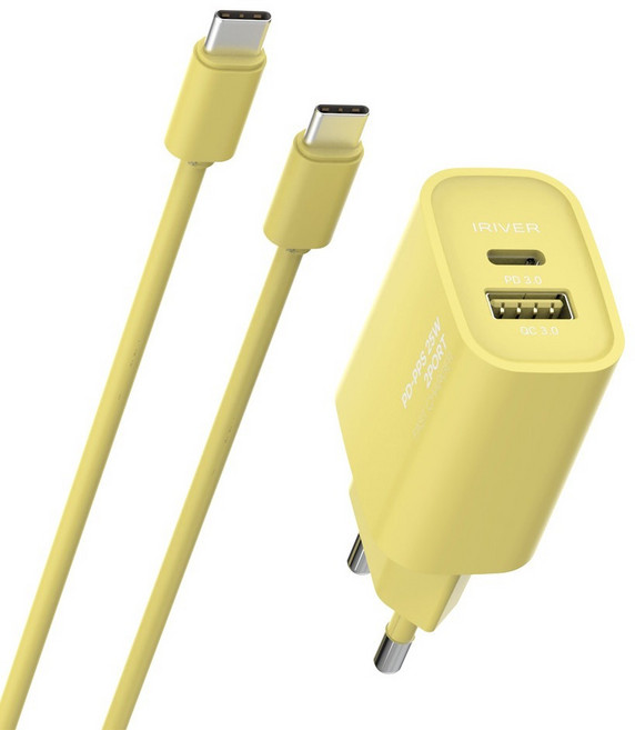 아이리버 25W 2포트 초고속 가정용 충전기 + CtoC 케이블 세트, 옐로우, 1세트