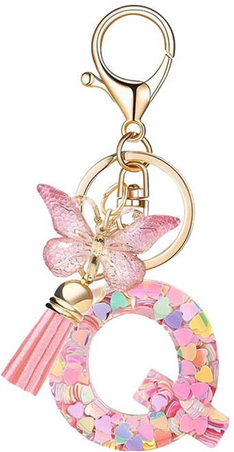 나비 태슬 키체인 핑크 러브 스팽글 알파벳 키링, Q, 1개