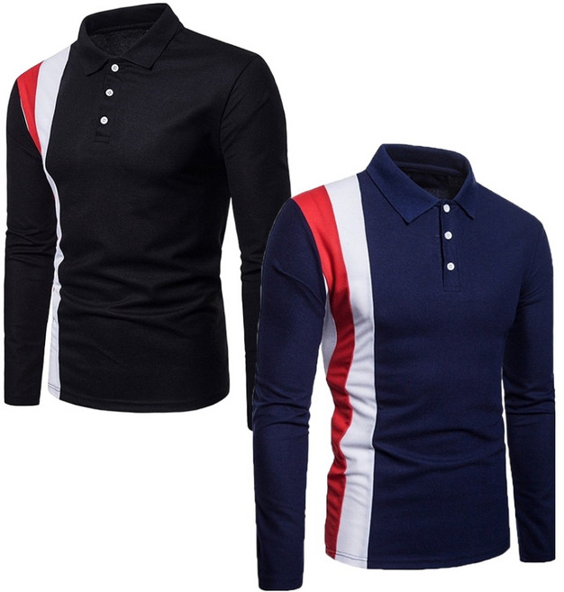 Market A 男款線條休閒翻領高爾夫長袖T恤 2件組