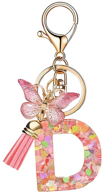 나비 태슬 키체인 핑크 러브 스팽글 알파벳 키링, D, 1개