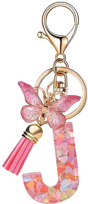 나비 태슬 키체인 핑크 러브 스팽글 알파벳 키링, J, 1개