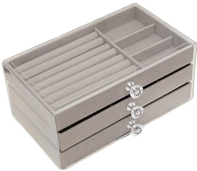 리빙웍스 3단 크리스탈 손잡이 쥬얼리 보관함, 그레이, 1개