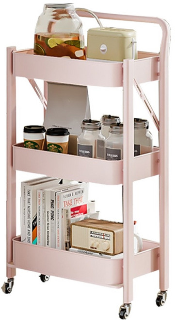 小麥購物 多功能落地廚房置物小推車 扶手款 L1238, 粉色, 3層