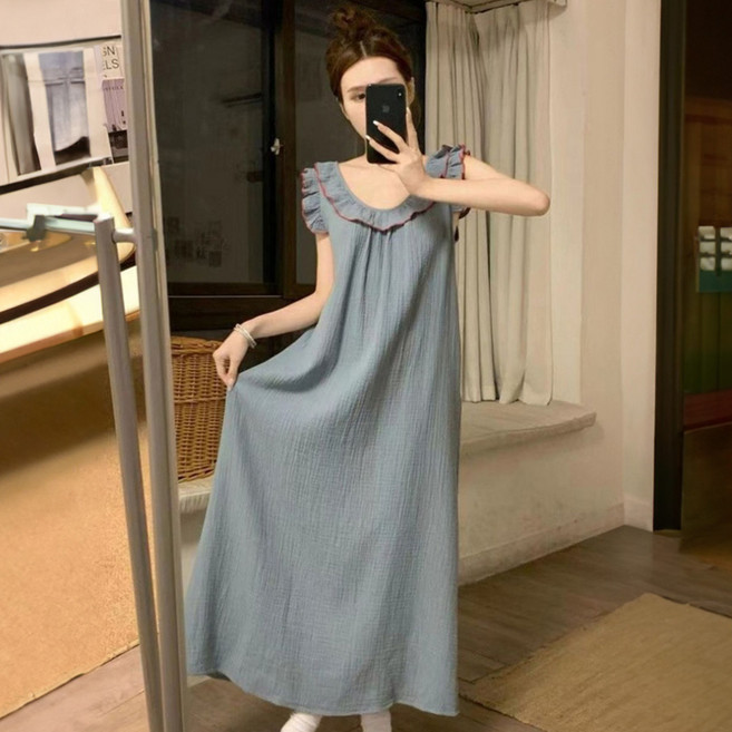 피어니스트 여성용 프릴 레이스 롱원피스 홈웨어 잠옷