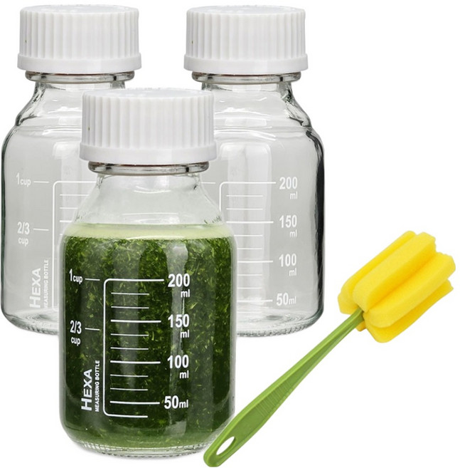 미르코리아 헥사 눈금 유리병 250ml 3p + 전용 병솔 세트, 1세트