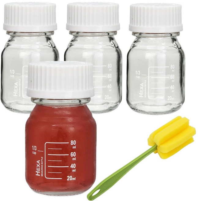 미르코리아 헥사 눈금 유리병 100ml x 4p + 전용 병솔 세트, 1세트