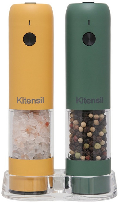 키텐실 충전식 전동 소금 후추 그라인더 딥그린 + 머스터드옐로우 + 받침대 세트, 28ml, 1세트