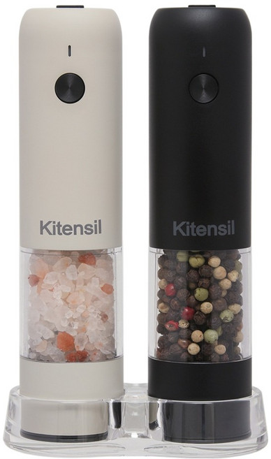 키텐실 충전식 전동 소금 후추 그라인더 매트블랙 + 애쉬화이트 + 받침대 세트, 28ml, 1세트