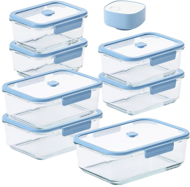 네오플램 베큐씰 진공 내열유리 밀폐용기 7p + 진공 펌프 세트, 1세트, 570ml 2p + 950ml 2p +1500ml 2p + 2300ml + 진공펌프