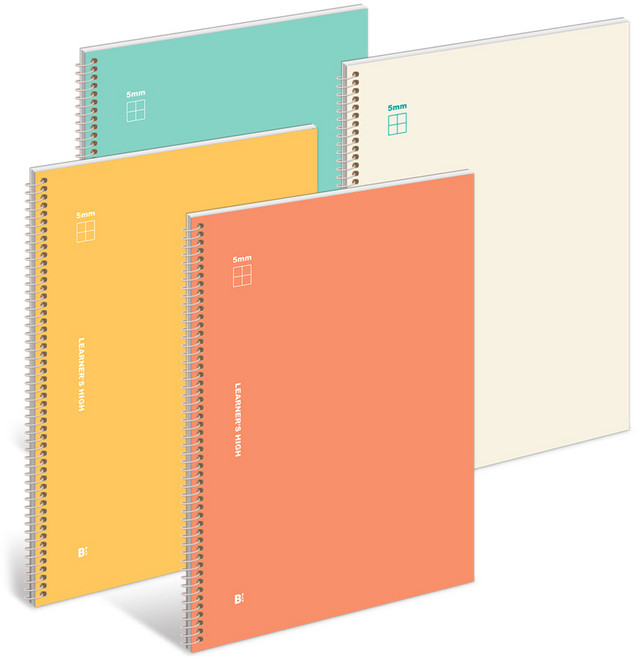 비플라이 5mm 그리드 노트 190 x 258 mm 4p 세트, 아이보리, 옐로우, 민트, 코랄, 1세트