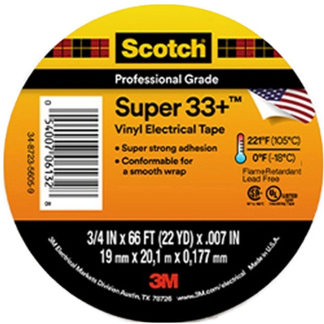 스카치 쓰리엠 슈퍼 33플러스 전기 절연 테이프 블랙 19mm x 20.1m, 1개