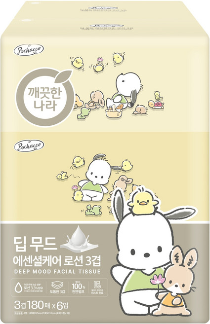 깨끗한나라 에센셜케어 로션 미용티슈 3겹, 180매, 6개