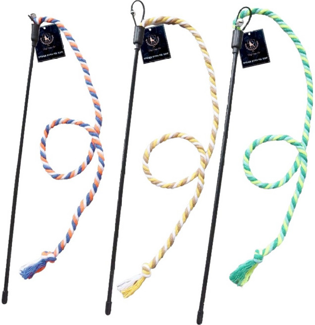 딩동펫 고양이 매듭 낚시대 3종 세트, 네온그린, 베이지옐로우, 오렌지블루, 1세트