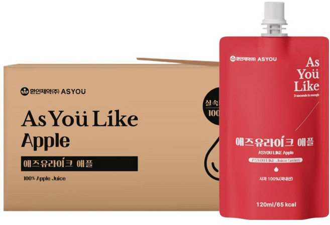 애즈유 환인제약 애즈유라이크 사과즙 100p, 100개, 120ml