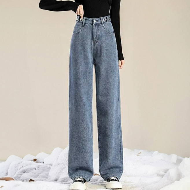 MEICHEL 女款休閒丹寧刷毛直筒牛仔褲 10833