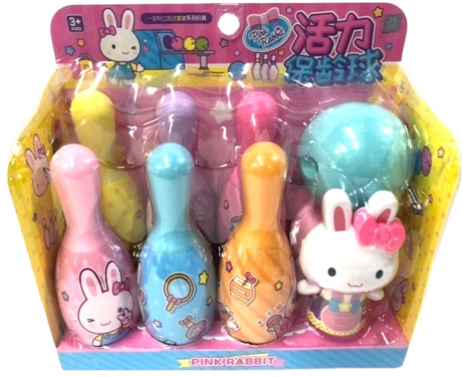 粉紅兔保齡球遊戲組 球瓶 6個 + 保齡球 2顆 + 公仔, 1套, 顏色隨機