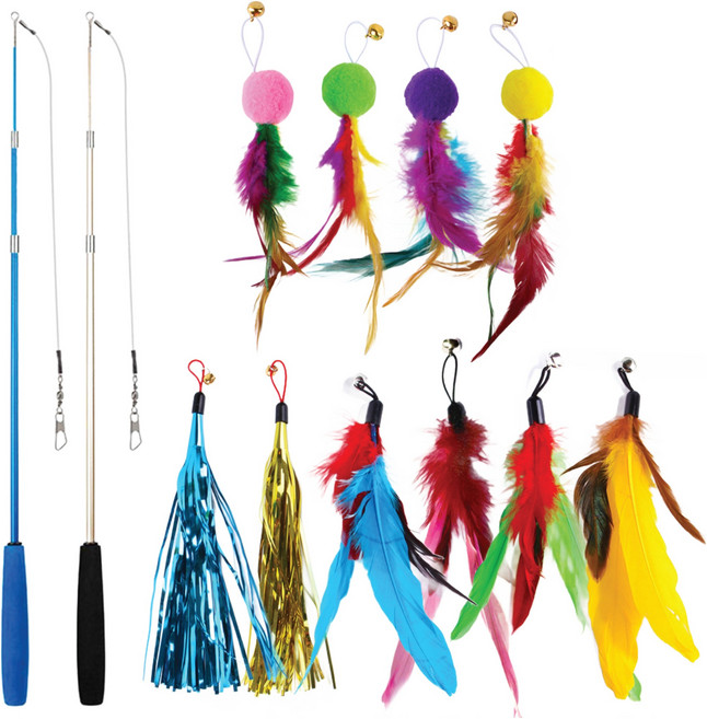 멍냥 고양이 3단 로니 낚시대 2종 x 반짝이 테슬 2종 x 털방울깃털 4종 x 컬러깃털 4종 세트, 혼합색상, 1세트