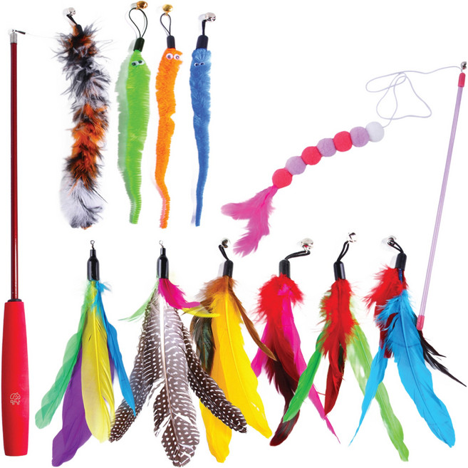 멍냥 고양이 3단 낚시대 루니 12종 세트, 혼합색상, 1세트