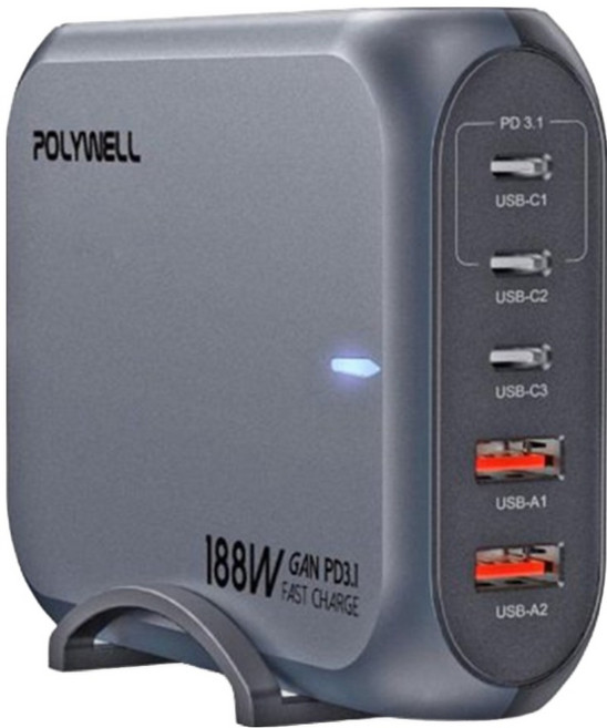 POLYWELL 寶利威爾 188W超大功率電源供應器 5孔 雙USB-A孔 三Type-C孔 可充筆電, 銀色, 1個