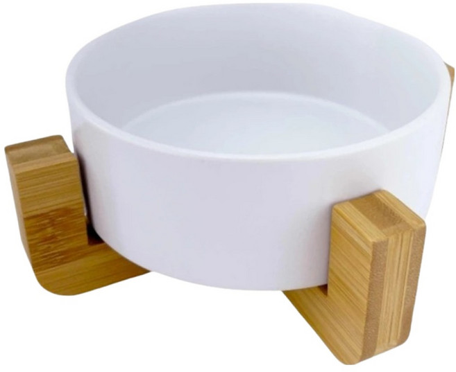 高精寵物 陶瓷平底碗 + 木架組 5吋, 1個, 白色