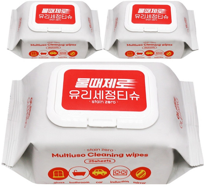 피큐 물때제로 차량용 유리세정 물티슈 캡형, 3개