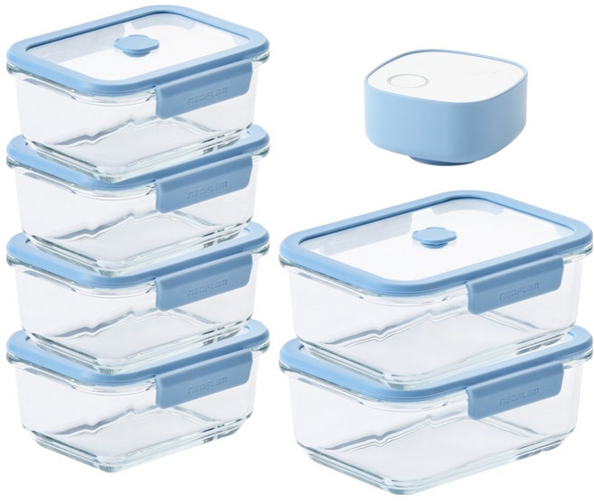 네오플램 베큐씰 내열유리 밀폐용기 6p +진공 펌프 세트, 1세트, 570ml 4p + 950ml 2p +진공펌프