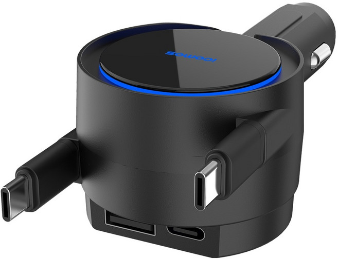 아이코모스 듀얼 릴타입 100W 차량용 초고속 충전기 C타입+C타입, 블랙, RCC08-CC