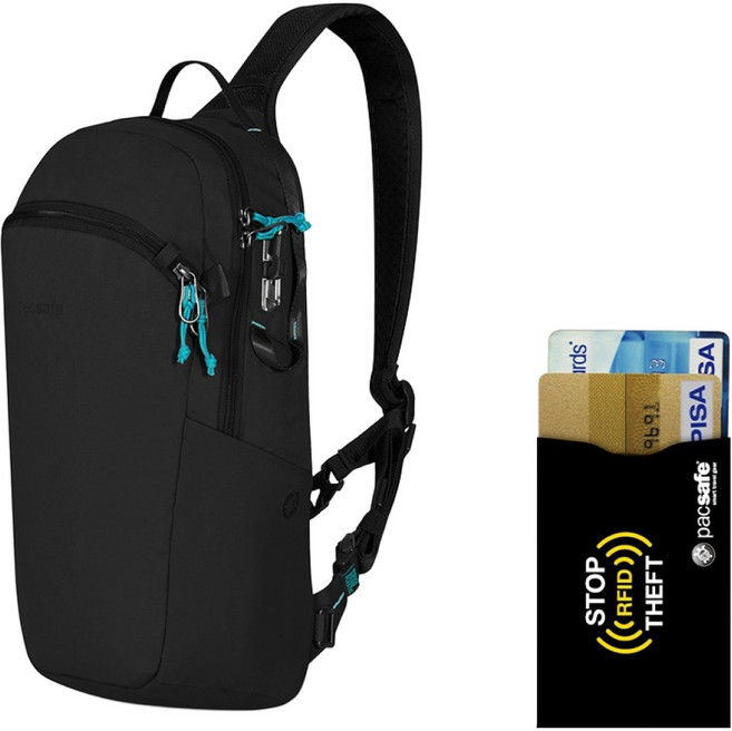 pacsafe 12L 斜背防盜後揹包 + RFID防盜刷卡套組, 黑色