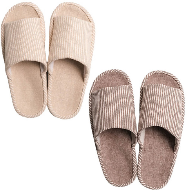 생활백서 도톰 스트라이프 룸 슬리퍼, 베이지 + 브라운, 1세트