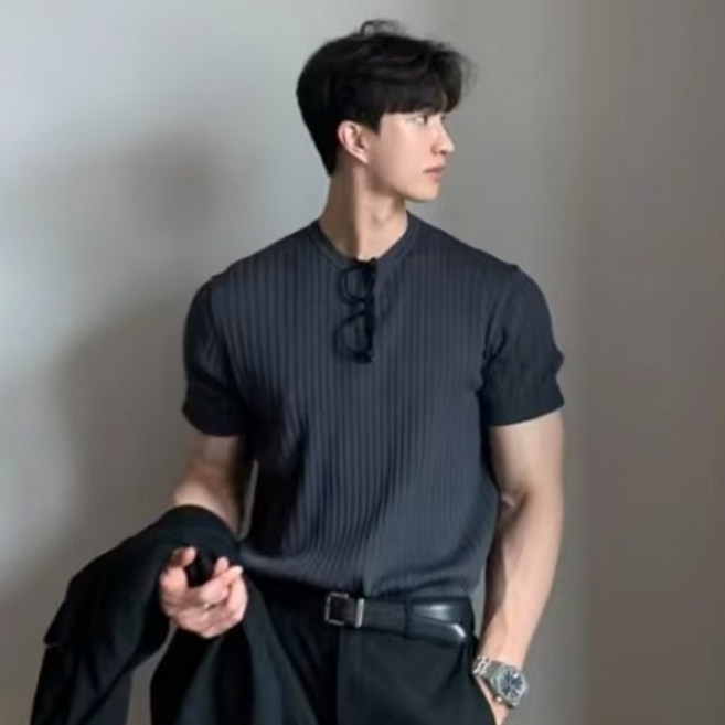 제이티엘 남성용 버티컬 슬림핏 반팔 니트 티셔츠