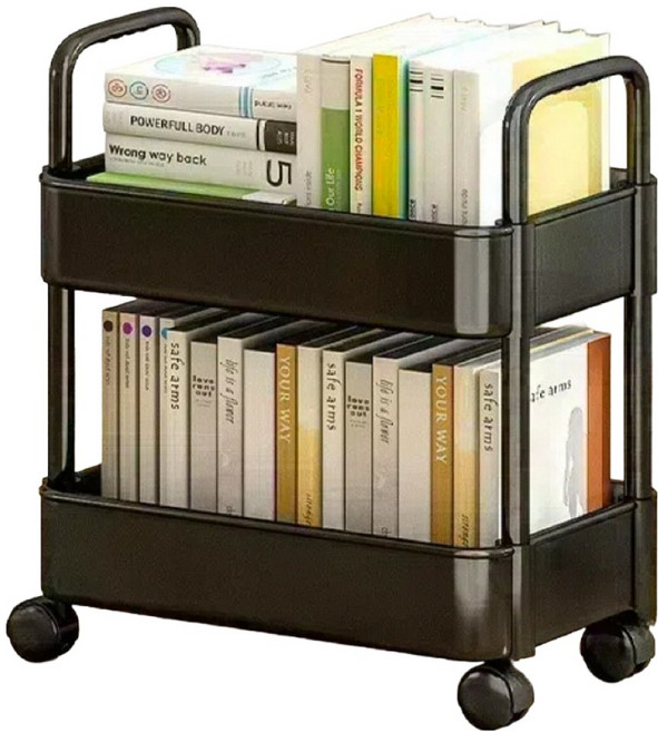 라이크스 이동식 플라스틱 사각 선반 트롤리 2단, 블랙, 1개